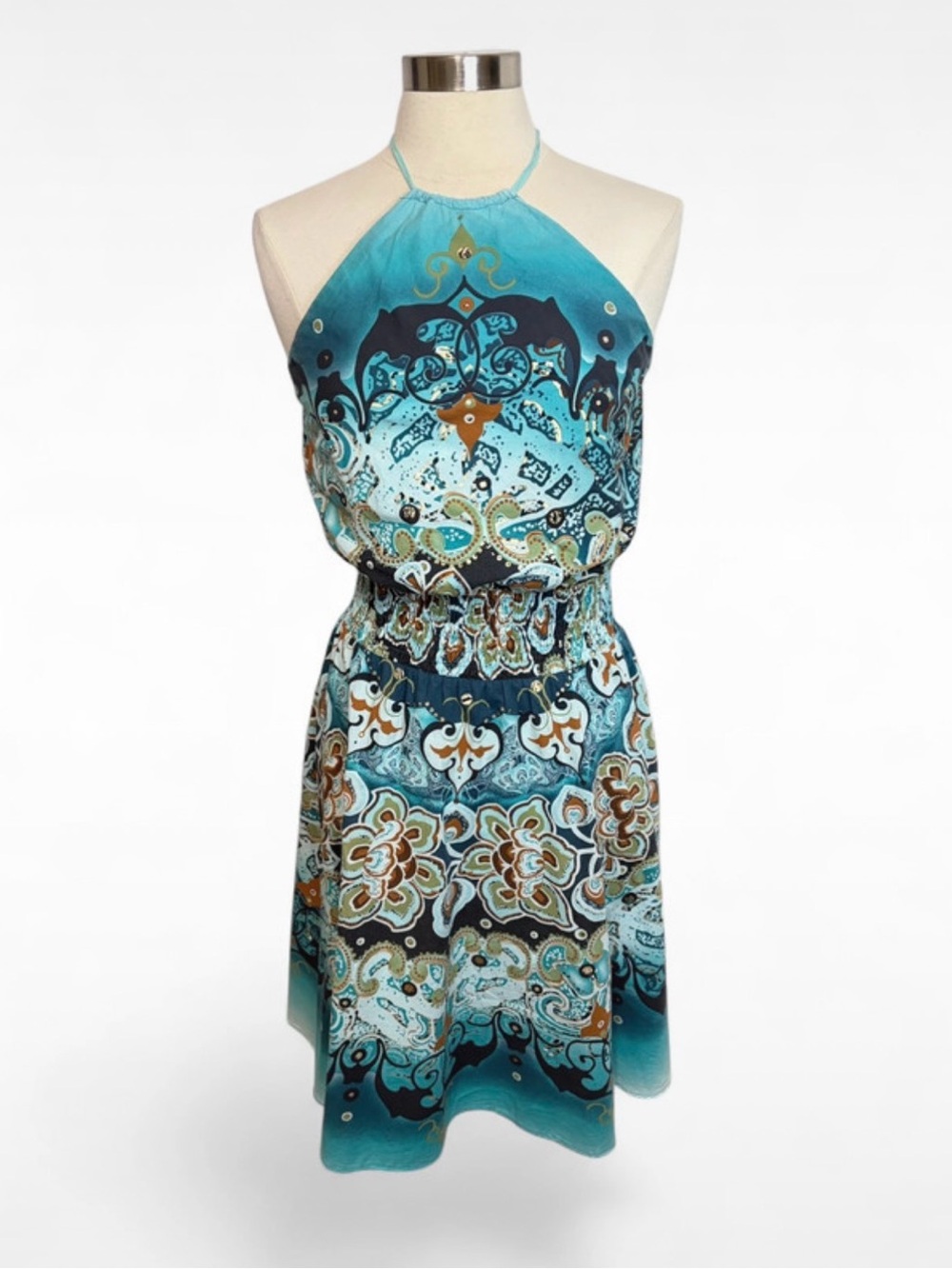 TWYLA BLU Floral Boho Turquoise, Brown & Gold Cotton Halter Dress, Size 8